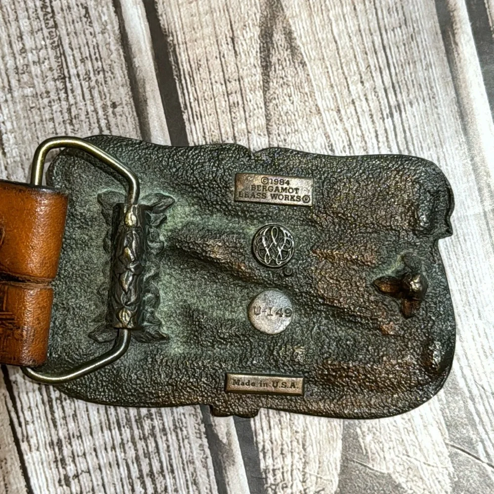 Bergamot Locomotive Vtg Brass Buckle Railfan Leather Tooled Belt 38-42 Unisex
